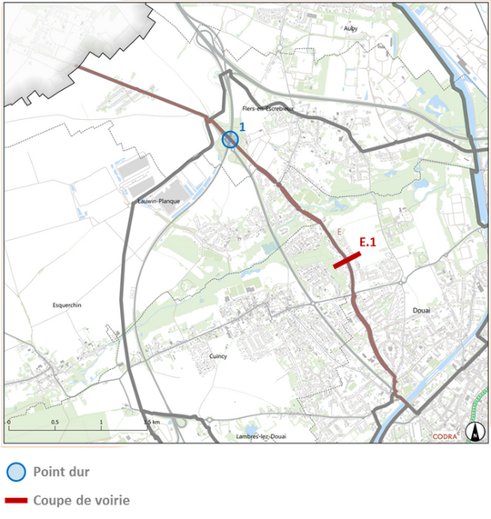 Carte de la liaison E entre Douai et Flers-en-Escrebieux