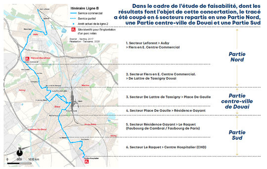 Plan des différents secteurs d'aménagement de la future ligne B