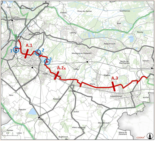 Carte de la liaison A entre Douai et Aniche