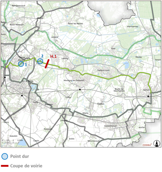 Carte de la liaison H entre Douai et Somain